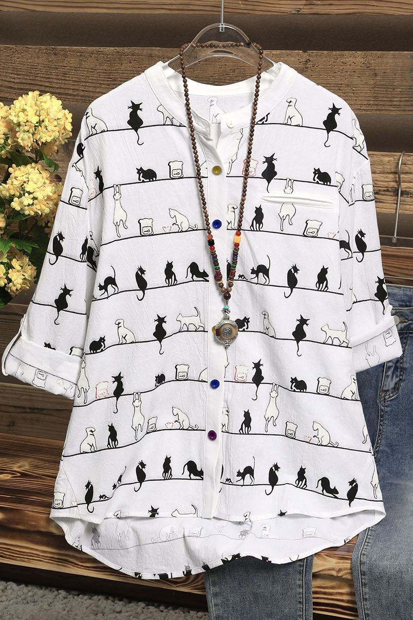 Margot Cat Print Shirt Dress Beige 1
