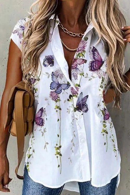 Yves Butterfly Print Collar Blouse White 1