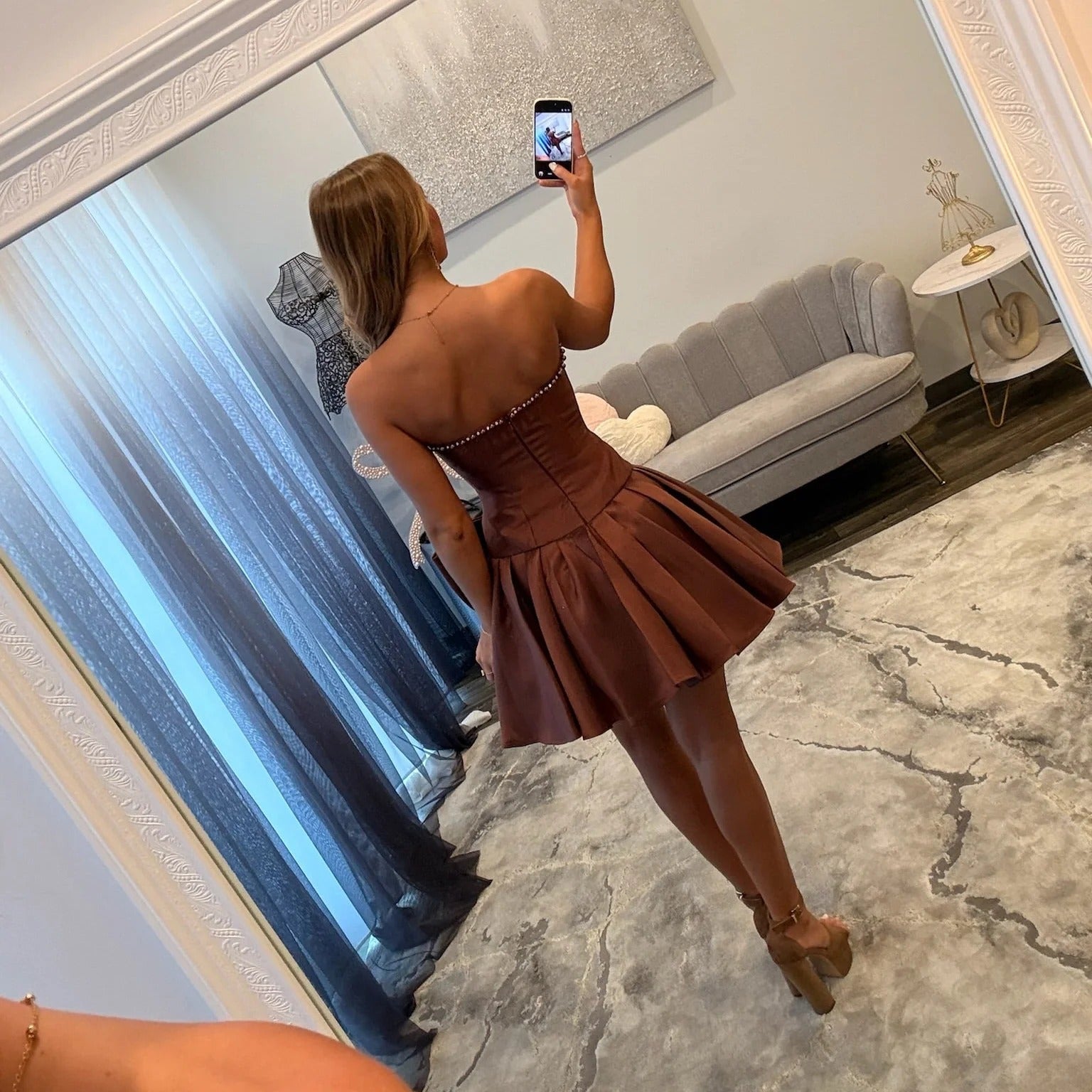 Arabella Strapless Mini Dress in Chocolate 2