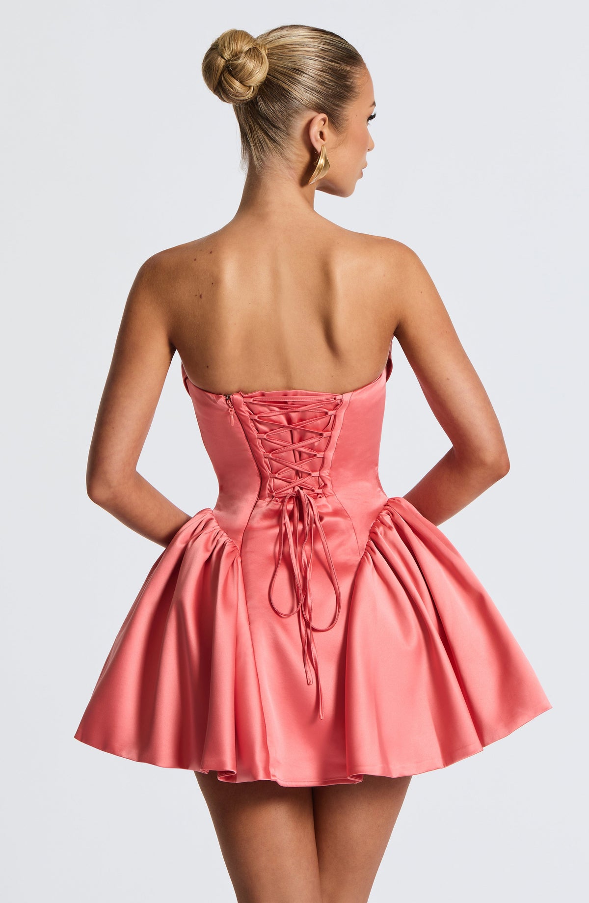 Trinity Satin Mini Dress in Ivory Coral Pink 9