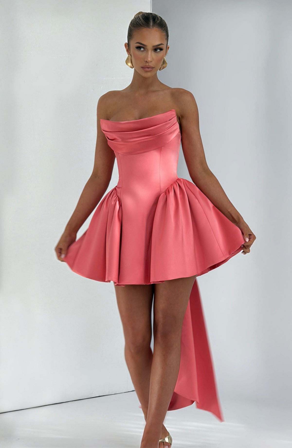 Trinity Satin Mini Dress in Ivory Coral Pink 3