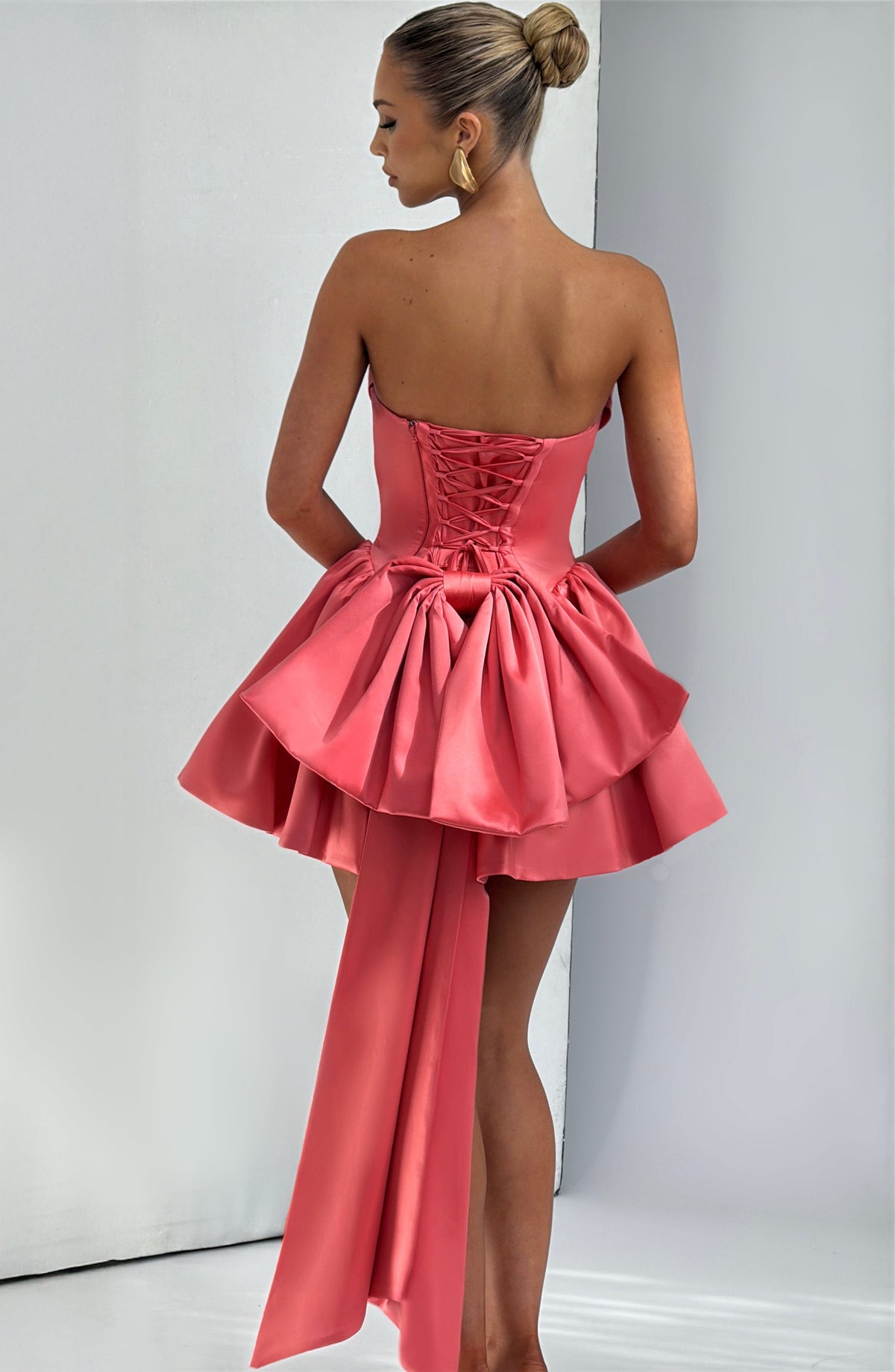 Trinity Satin Mini Dress in Ivory Coral Pink 2