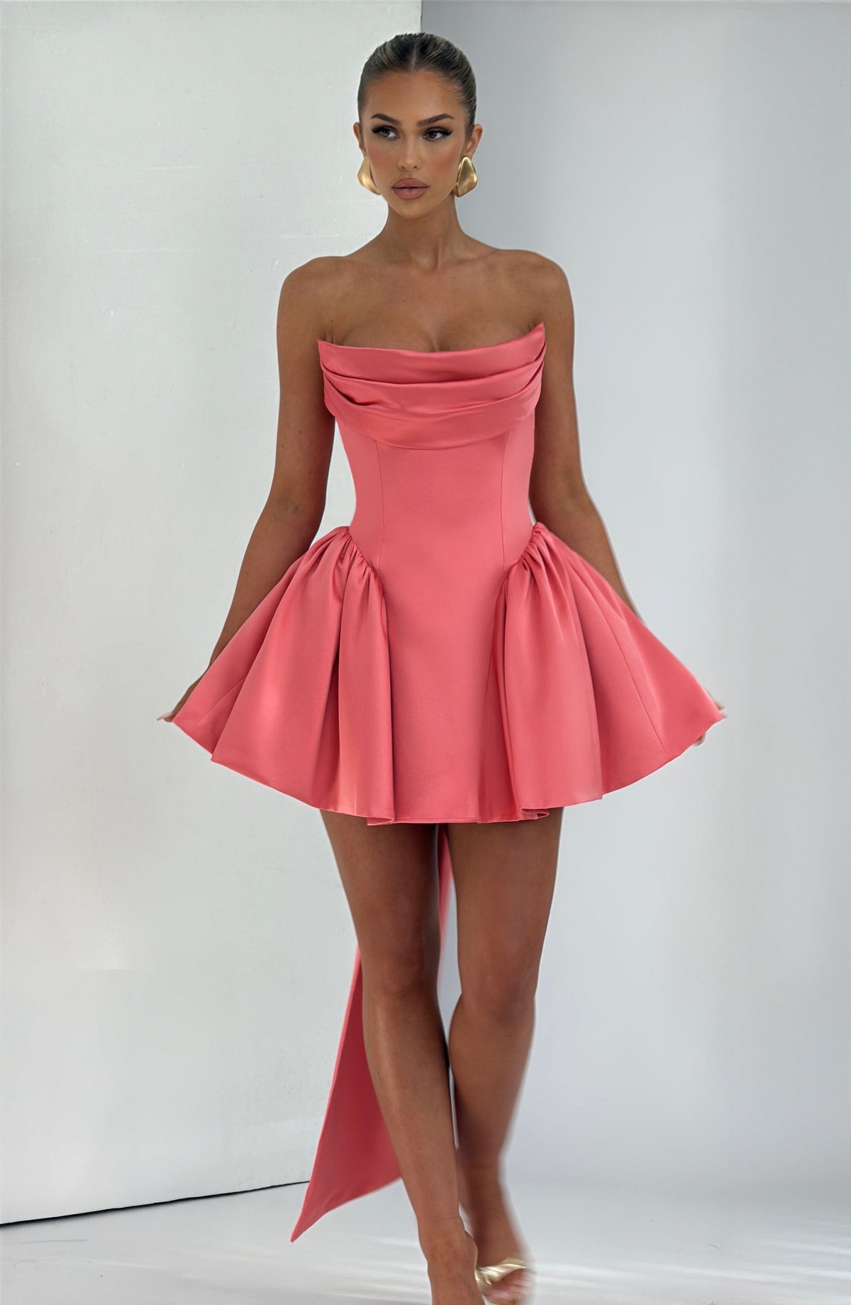 Trinity Satin Mini Dress in Ivory Coral Pink 1
