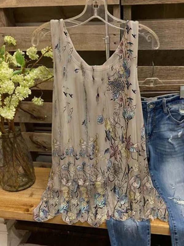 Thea Floral Linen Tank Top Khaki 2