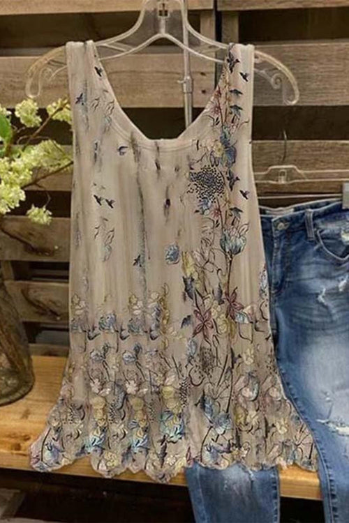 Thea Floral Linen Tank Top Khaki 1