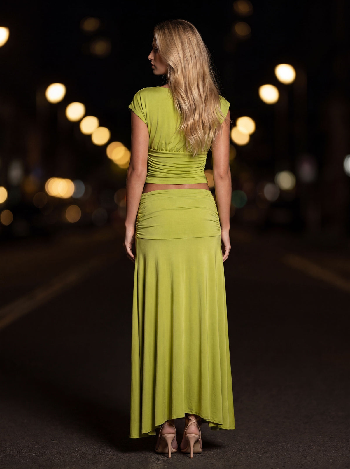 Lora Ruched Satin Maxi Dress Lime Green 3