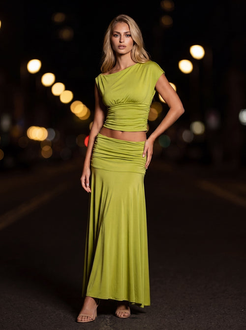 Lora Ruched Satin Maxi Dress Lime Green 1