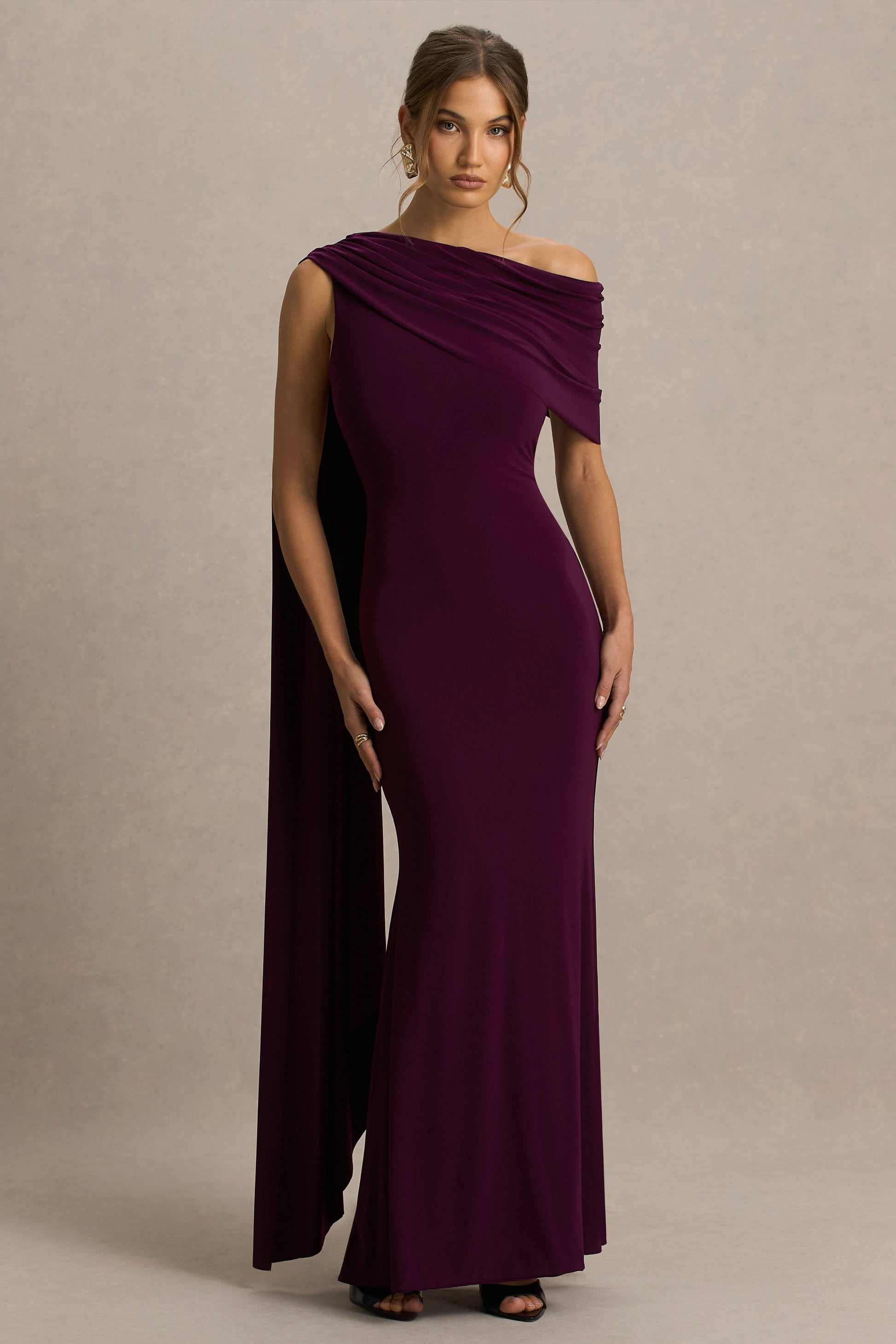 Tiana Draped Maxi Dress in Dark Plum Neck Maxi Dress With Draped Detail 5