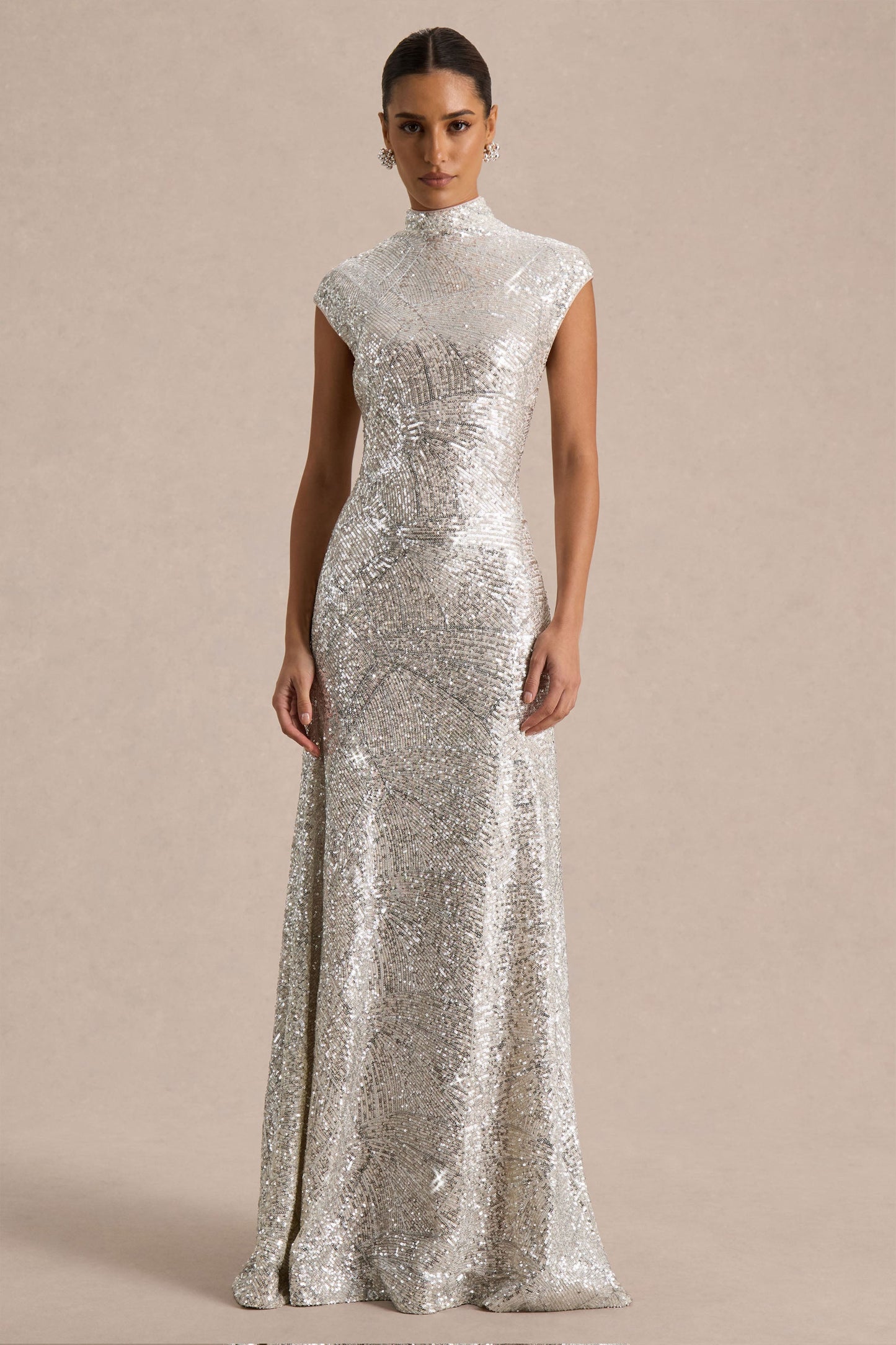 Cecy Silver Sequin Maxi Dress Neck Maxi Dress With Cap Sleeves 1