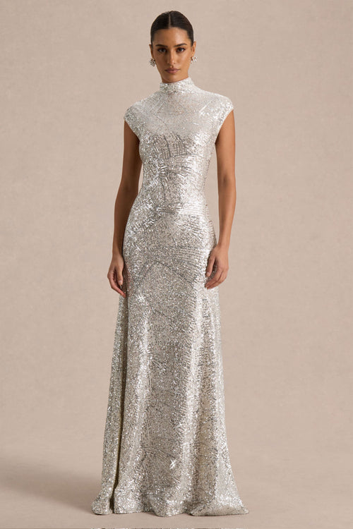 Cecy Silver Sequin Maxi Dress Neck Maxi Dress With Cap Sleeves 1