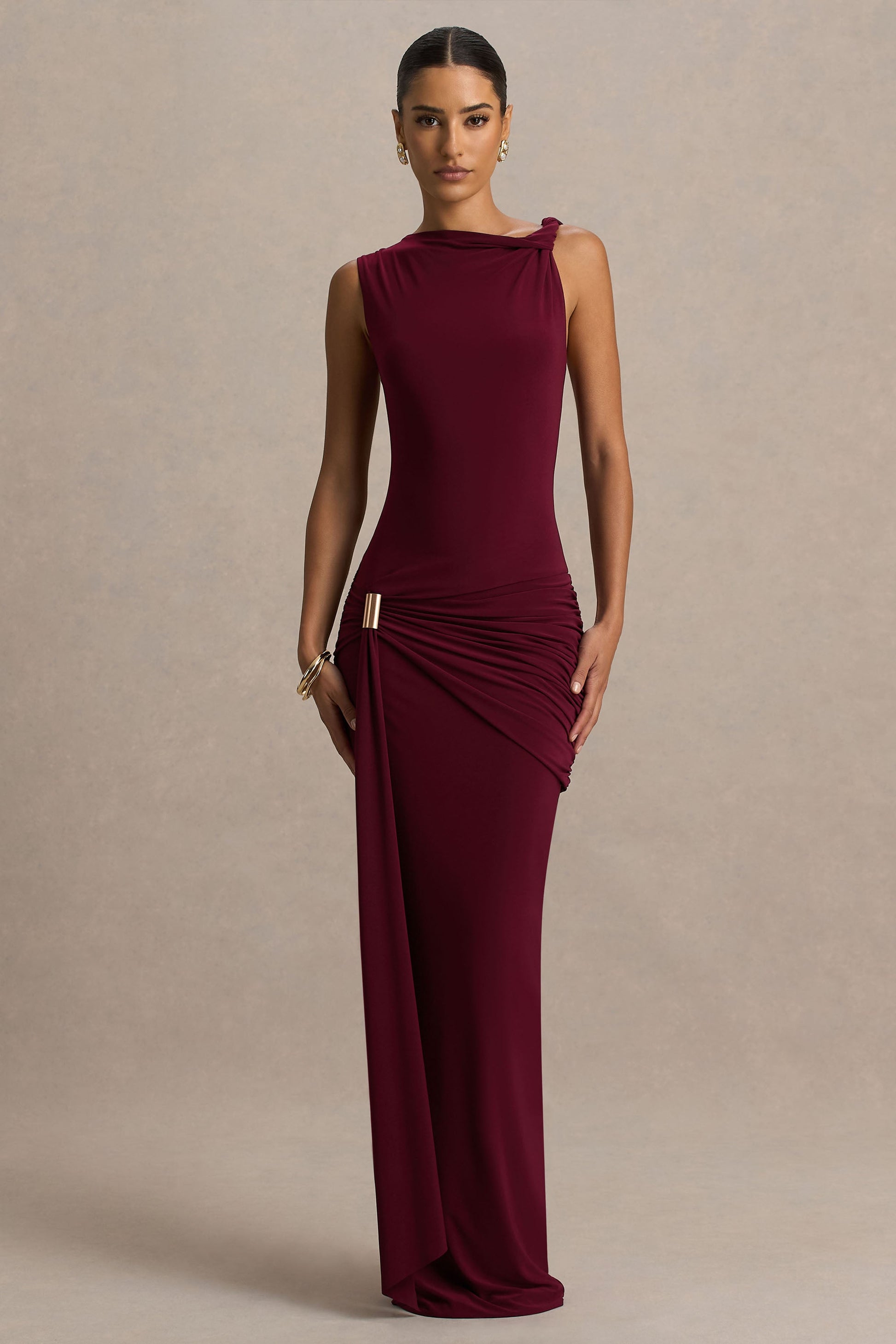 Arabella Burgundy High-Neck Maxi Dress Sleeve 1