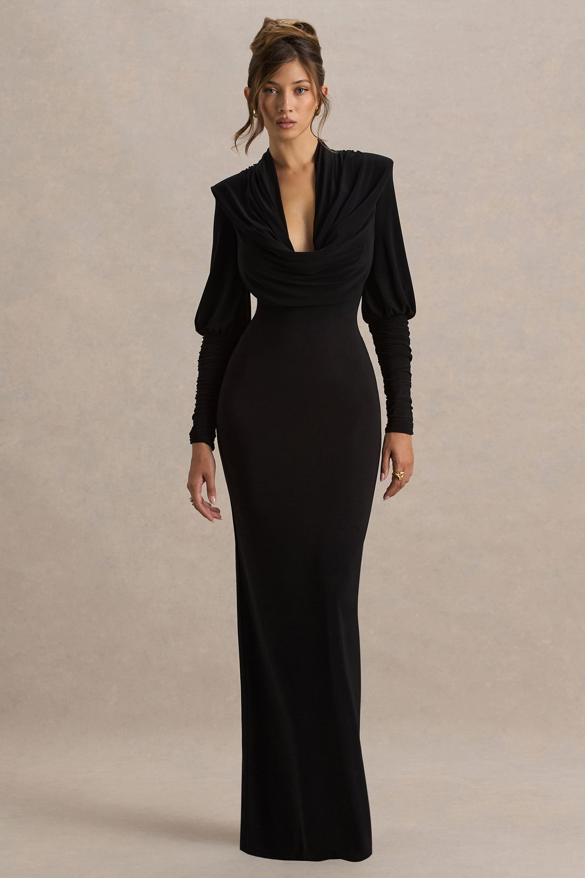 Kaylee Cowl-Neck Satin Maxi Dress Black 1