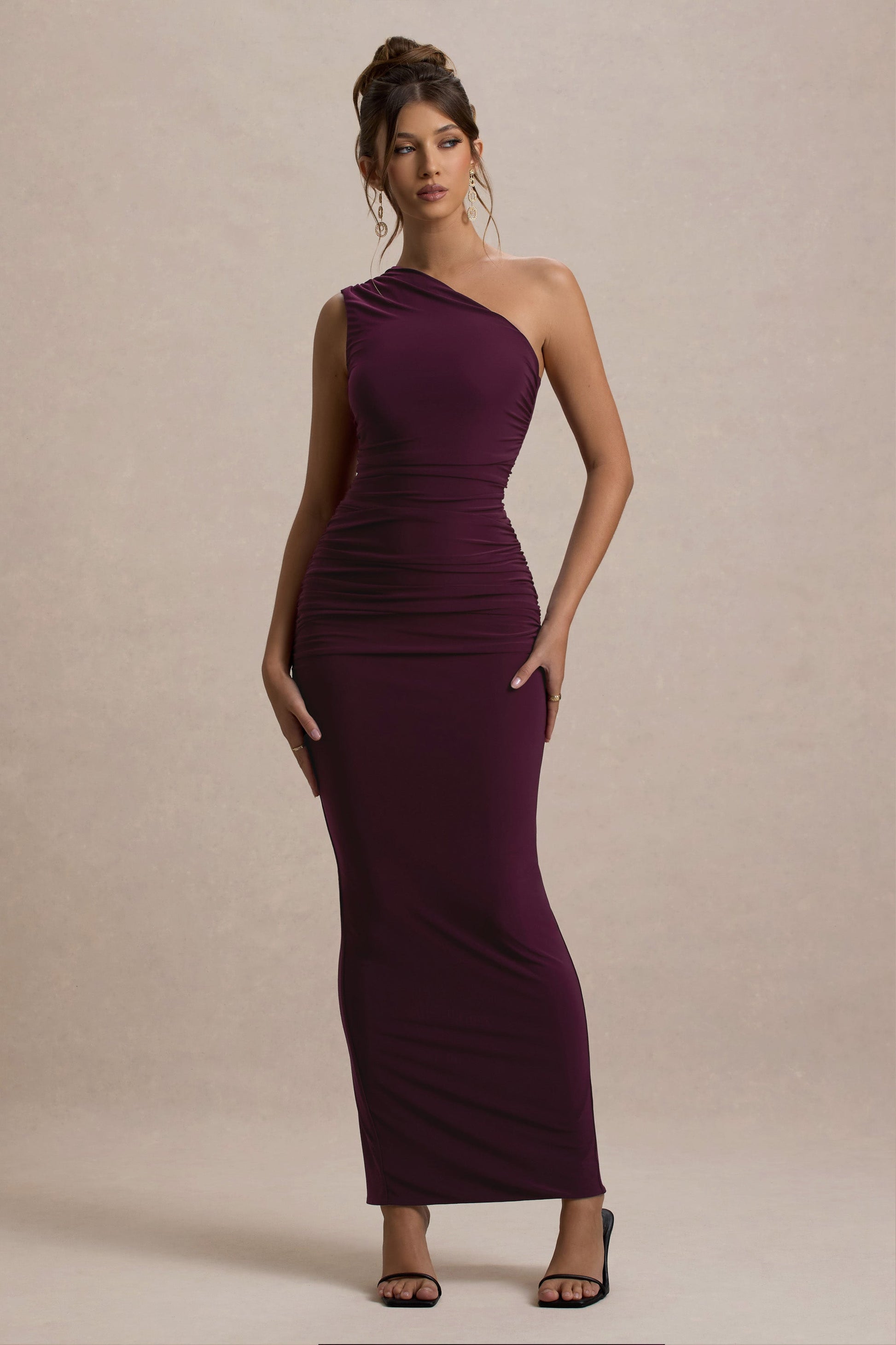 Dalarie One-Shoulder Gathered Maxi Dress in Port Shoulder Gathered Maxi Dress 4