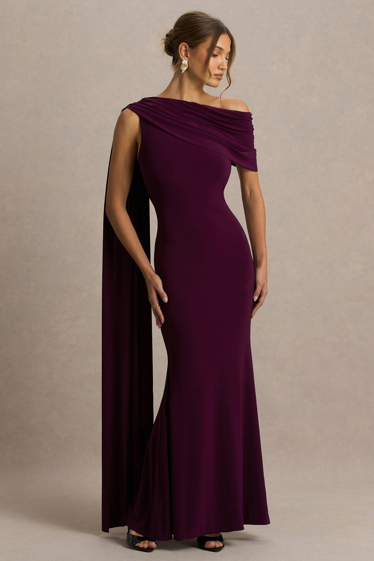 Tiana Draped Maxi Dress in Dark Plum Neck Maxi Dress With Draped Detail 3