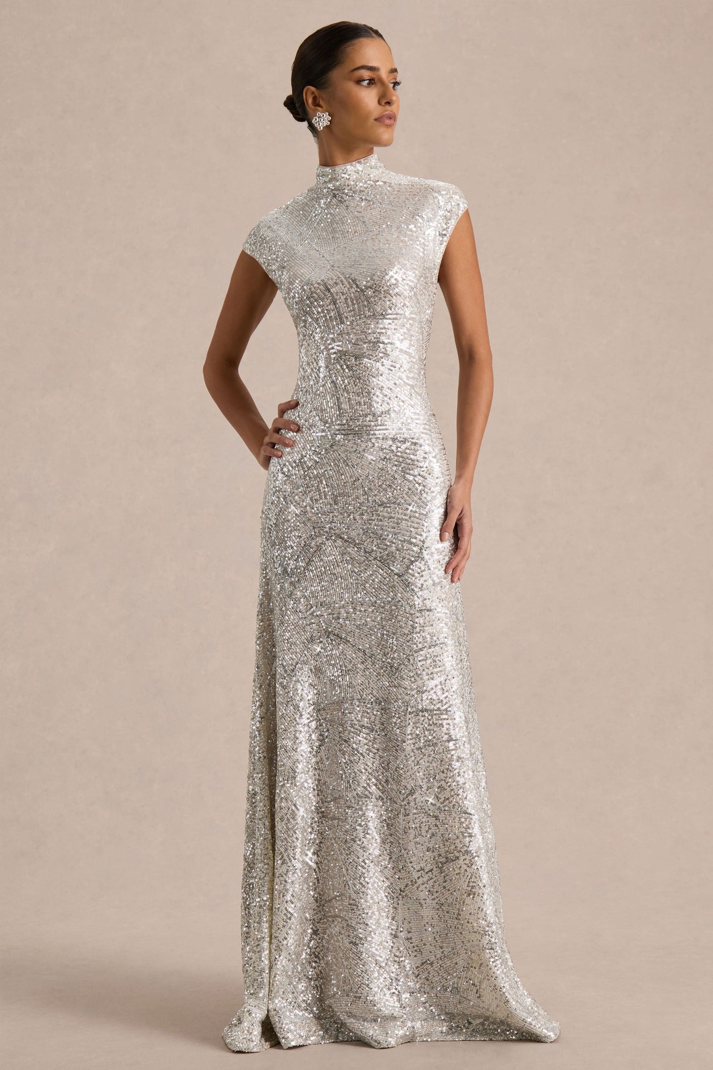 Cecy Silver Sequin Maxi Dress Neck Maxi Dress With Cap Sleeves 4