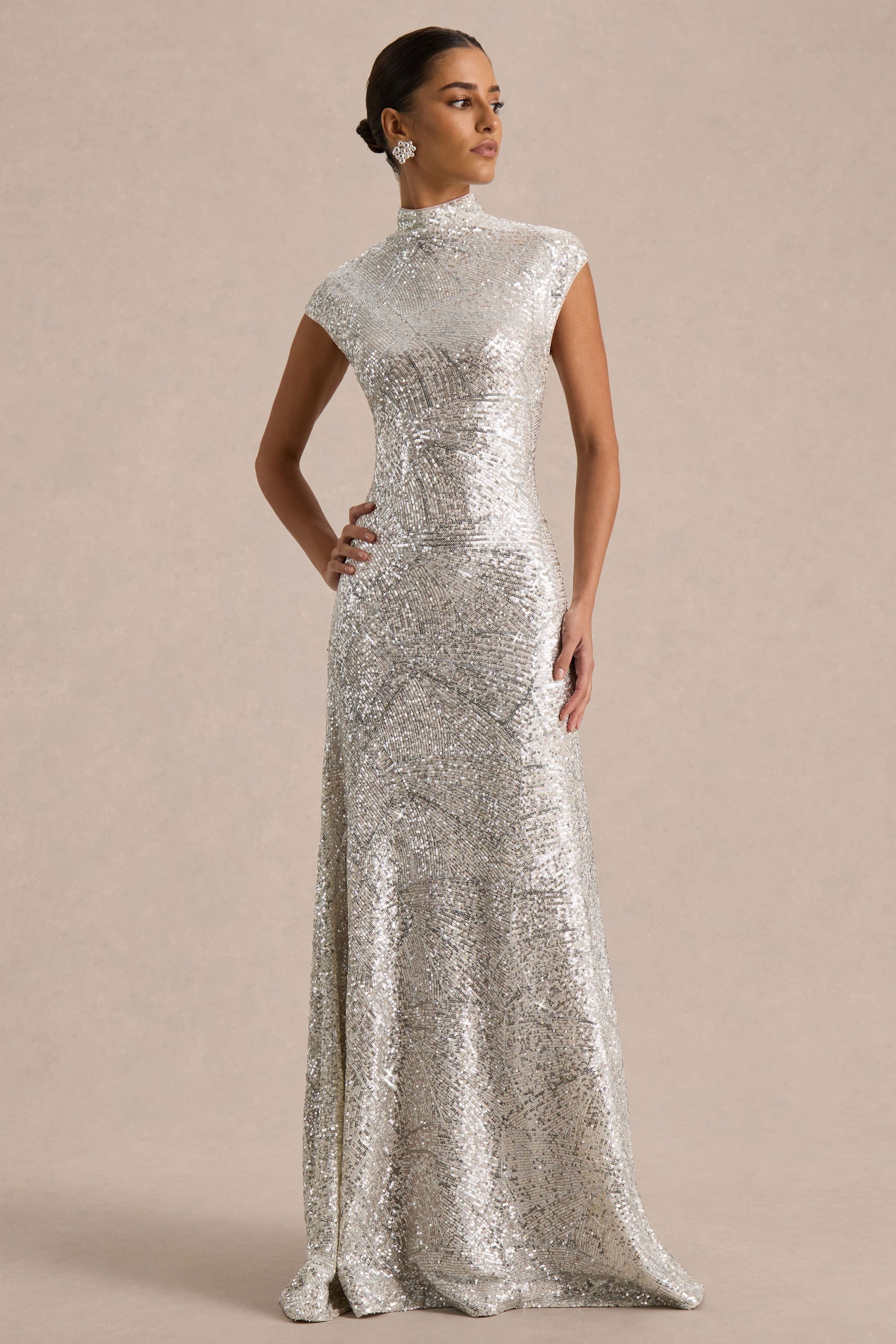 Cecy Silver Sequin Maxi Dress Neck Maxi Dress With Cap Sleeves 4