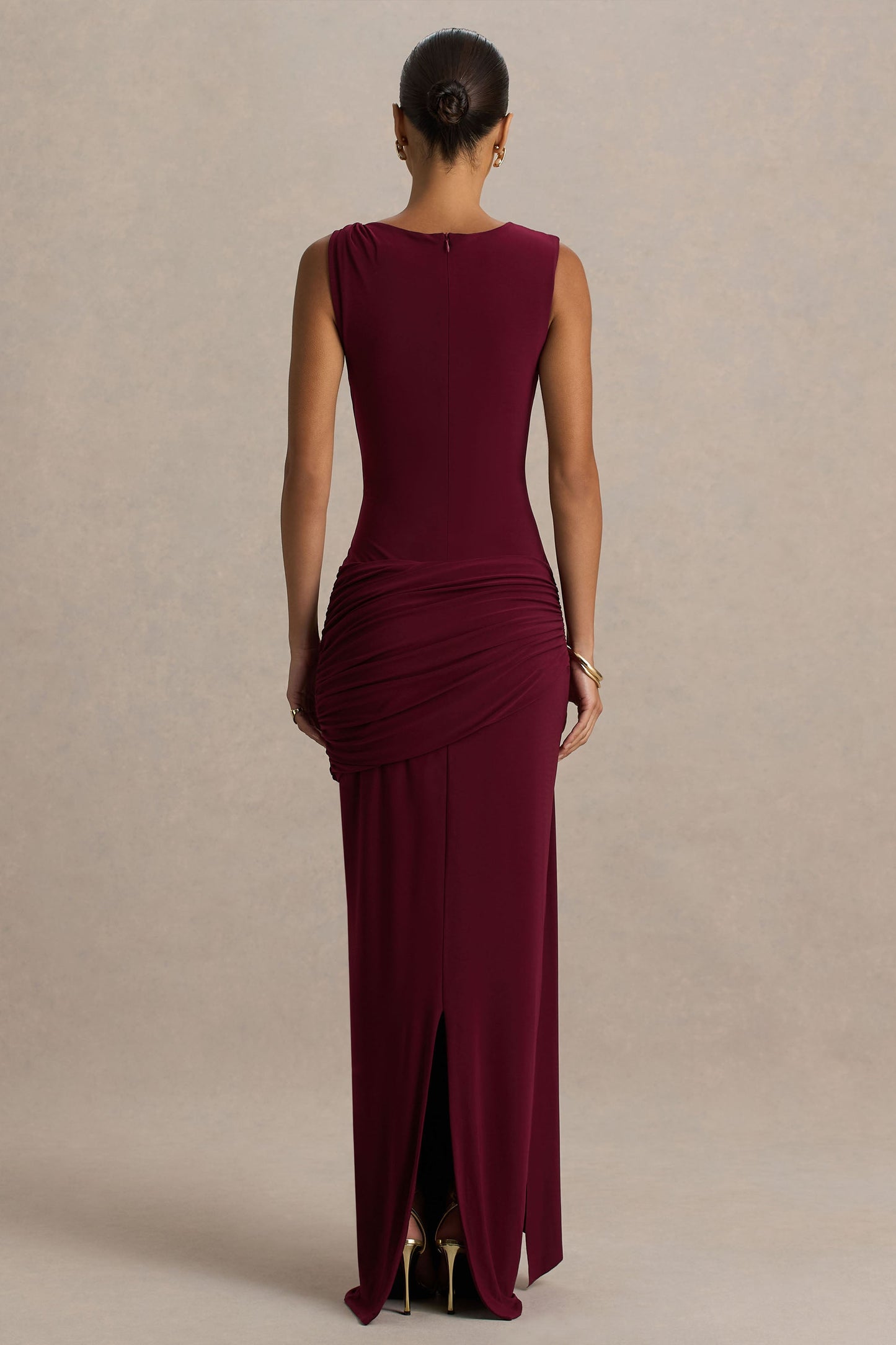 Arabella Burgundy High-Neck Maxi Dress Sleeve 2