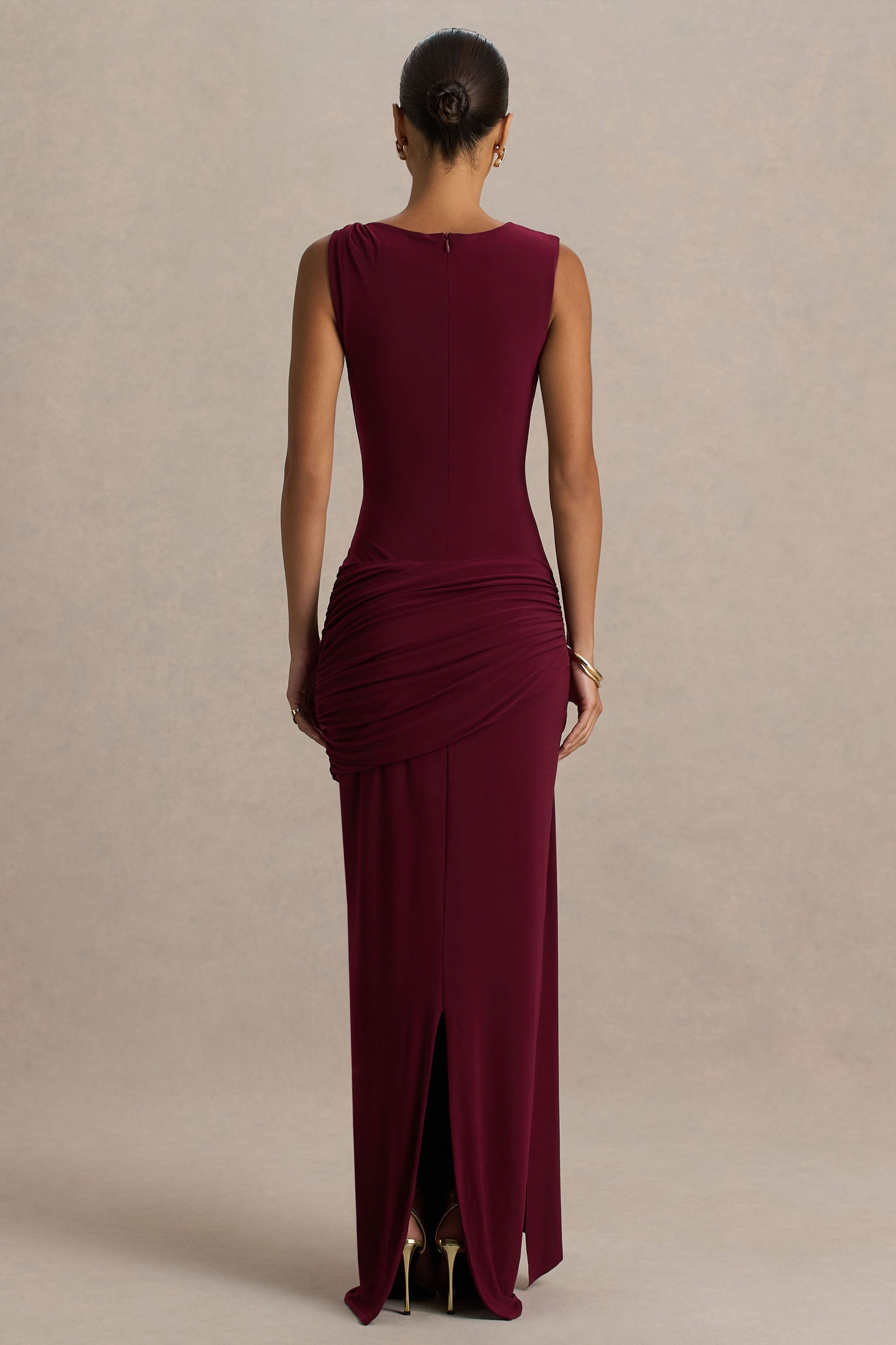 Arabella Burgundy High-Neck Maxi Dress Sleeve 2