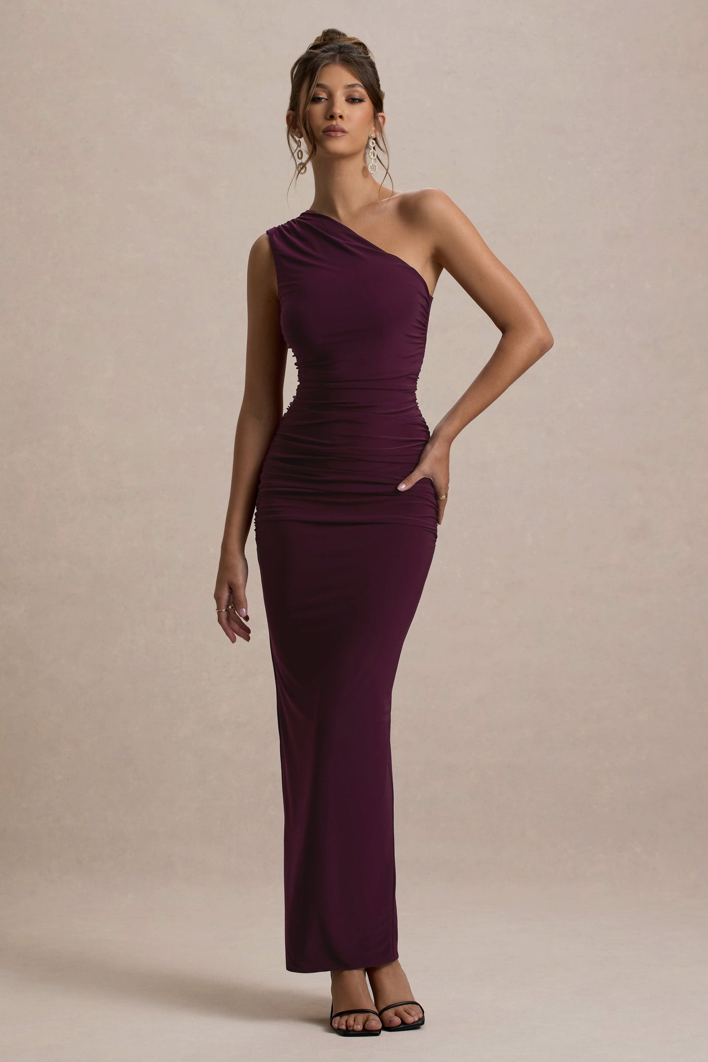Dalarie One-Shoulder Gathered Maxi Dress in Port Shoulder Gathered Maxi Dress 1