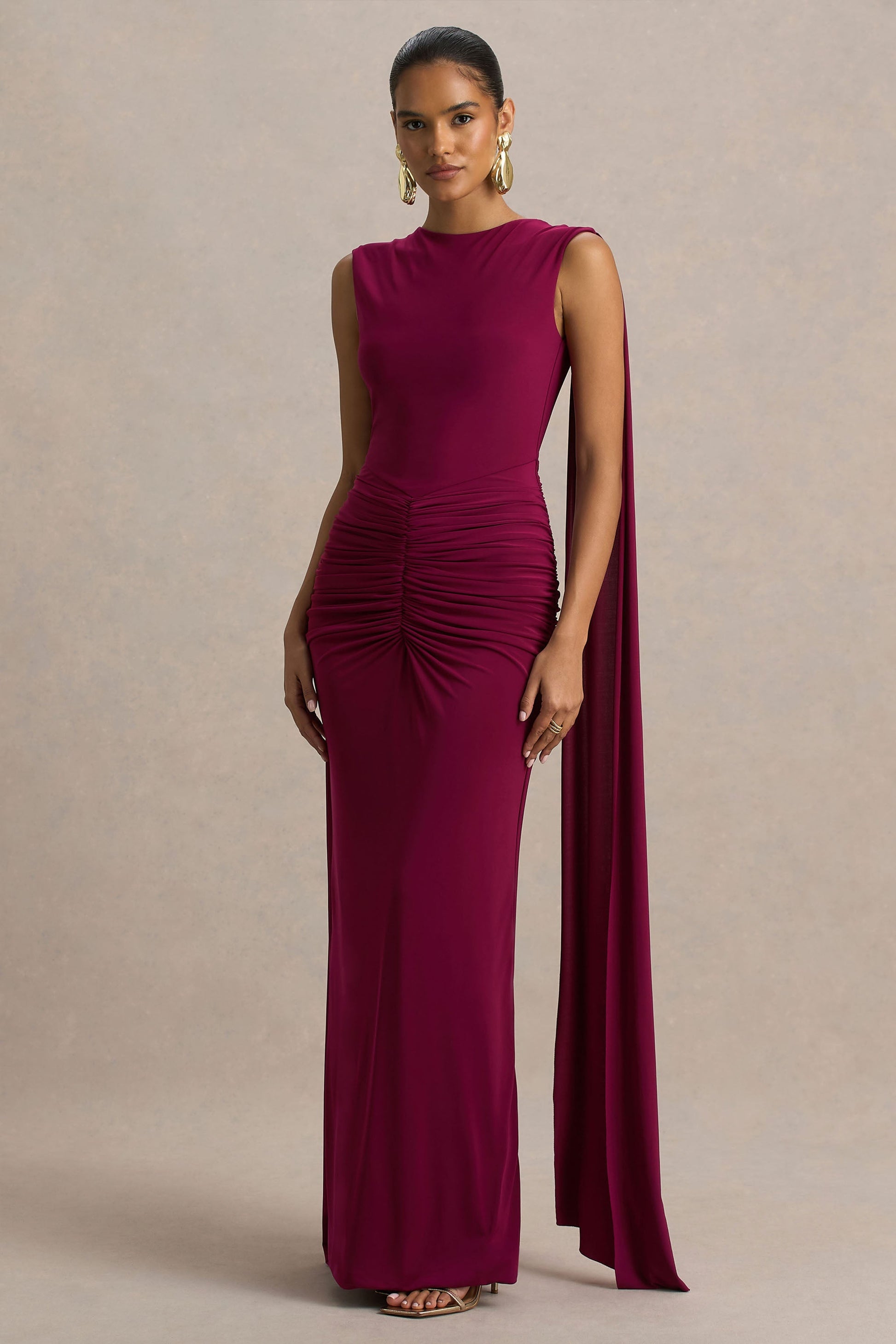 Margot Burgundy Boat-Neck Maxi Dress Sleeves 3
