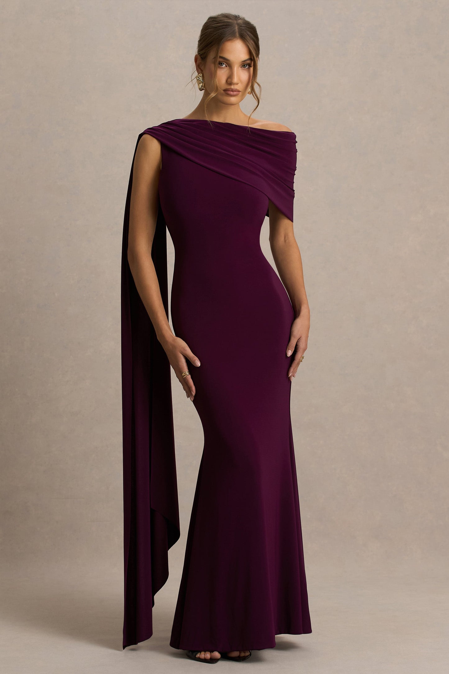 Tiana Draped Maxi Dress in Dark Plum Neck Maxi Dress With Draped Detail 1