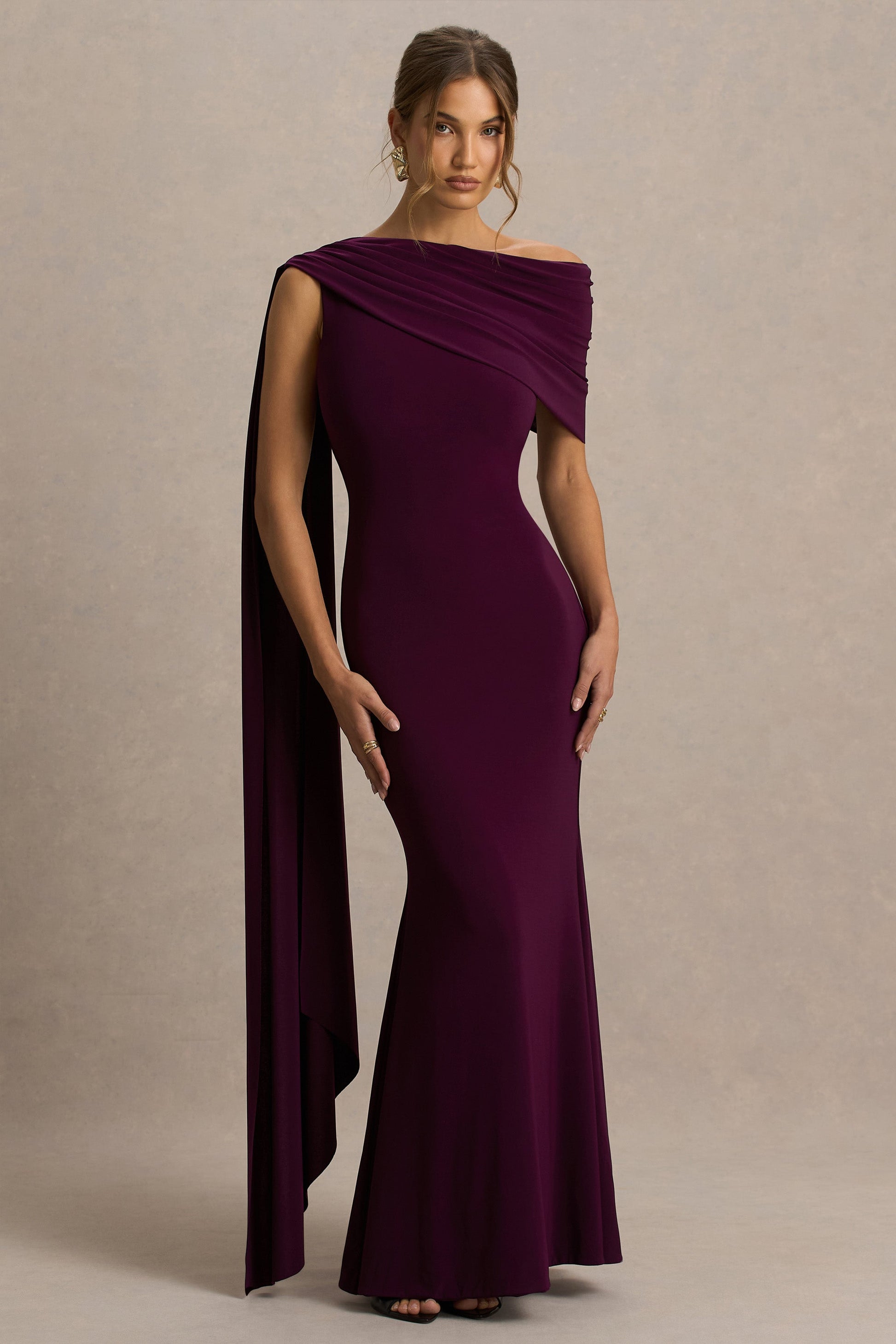Tiana Draped Maxi Dress in Dark Plum Neck Maxi Dress With Draped Detail 1