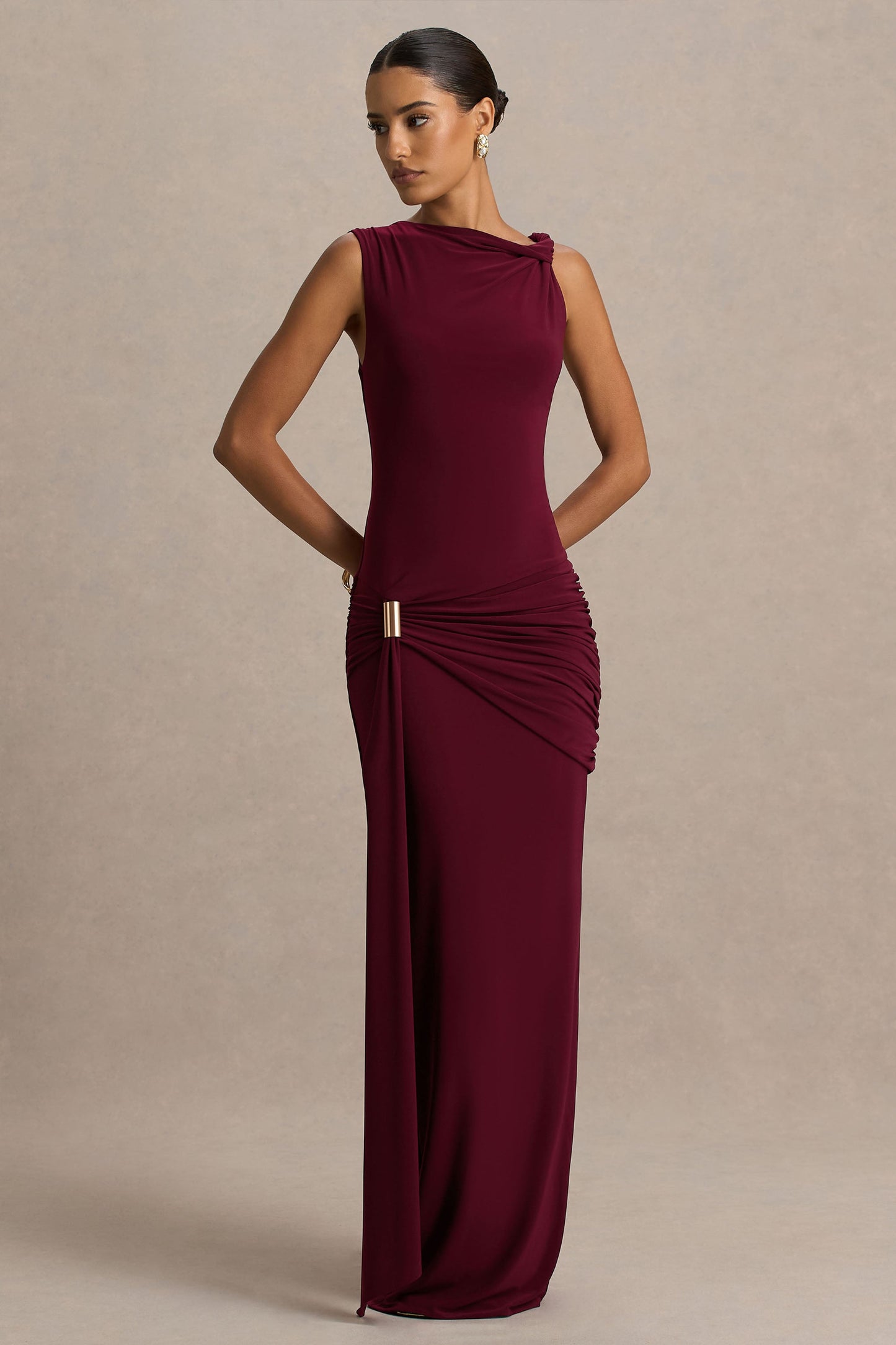 Arabella Burgundy High-Neck Maxi Dress Sleeve 4