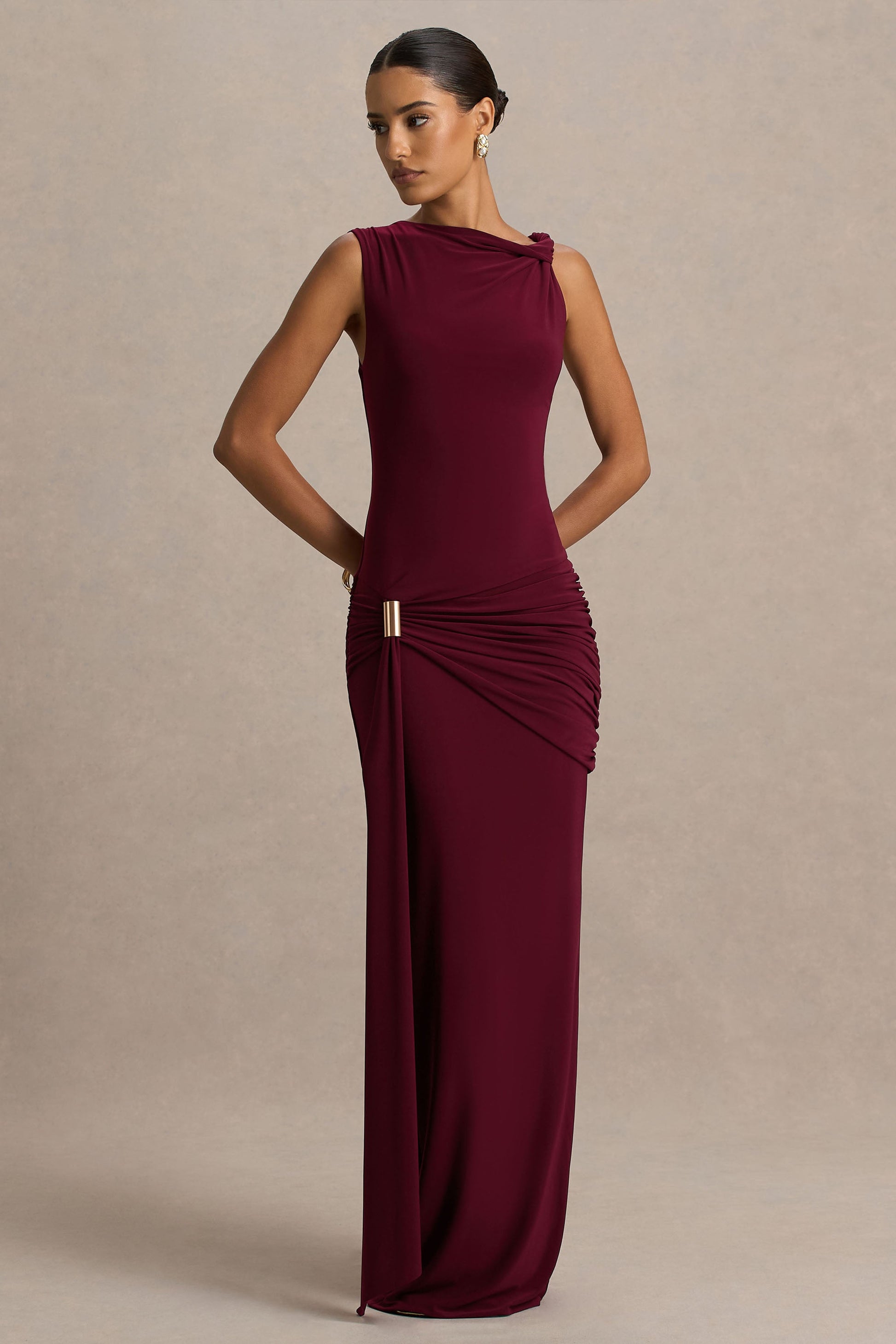 Arabella Burgundy High-Neck Maxi Dress Sleeve 4