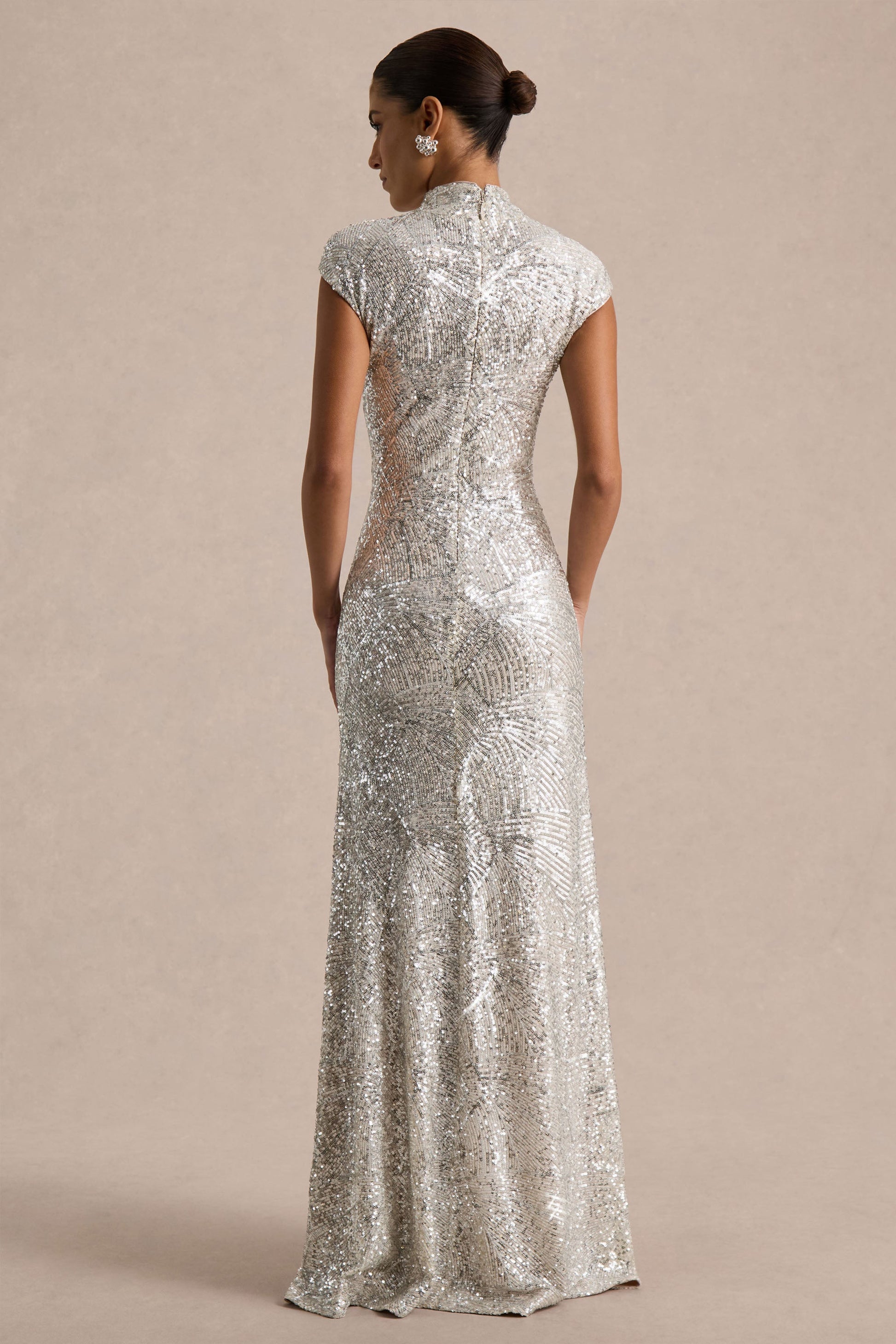Cecy Silver Sequin Maxi Dress Neck Maxi Dress With Cap Sleeves 2