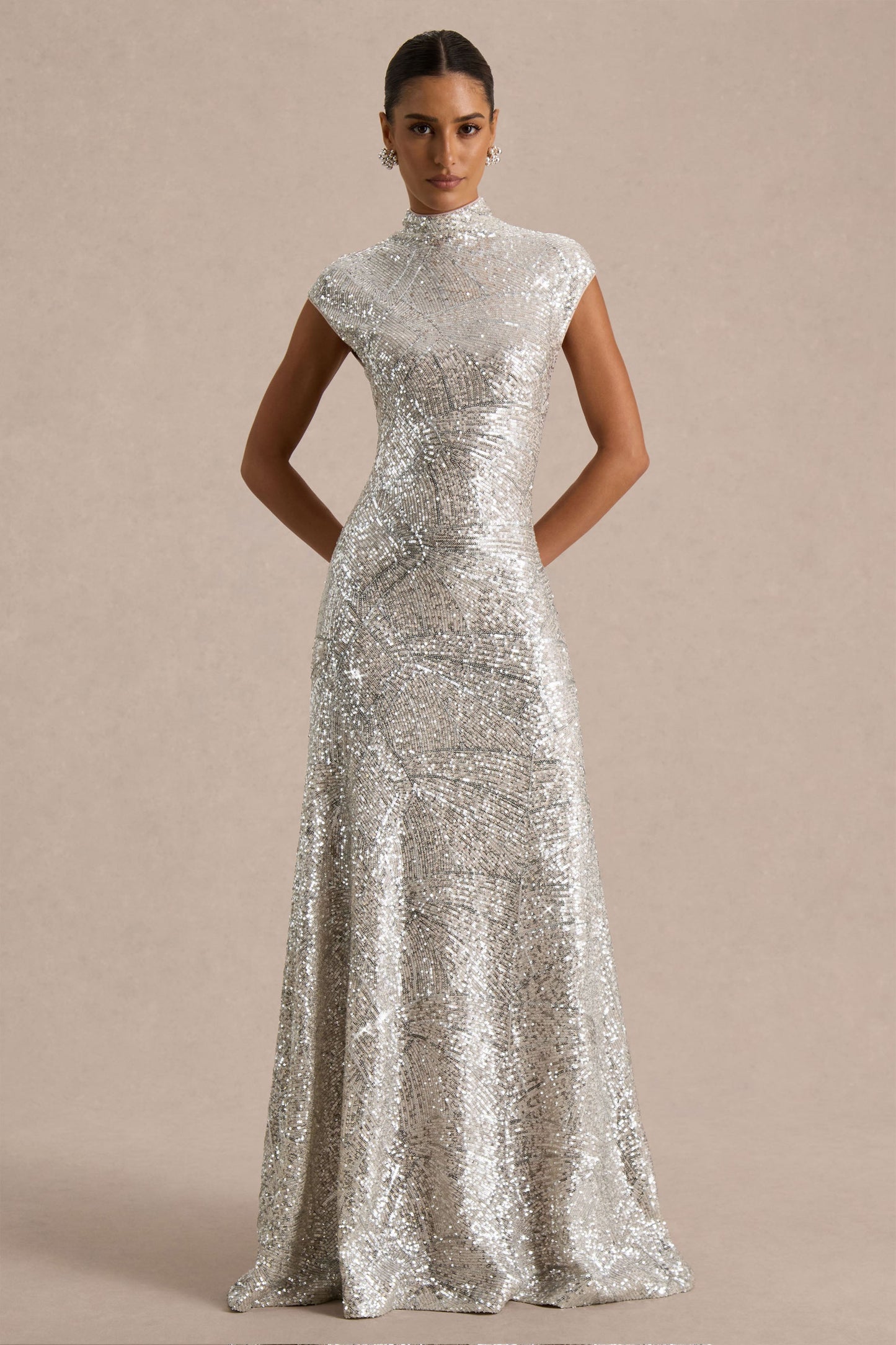 Cecy Silver Sequin Maxi Dress Neck Maxi Dress With Cap Sleeves 5