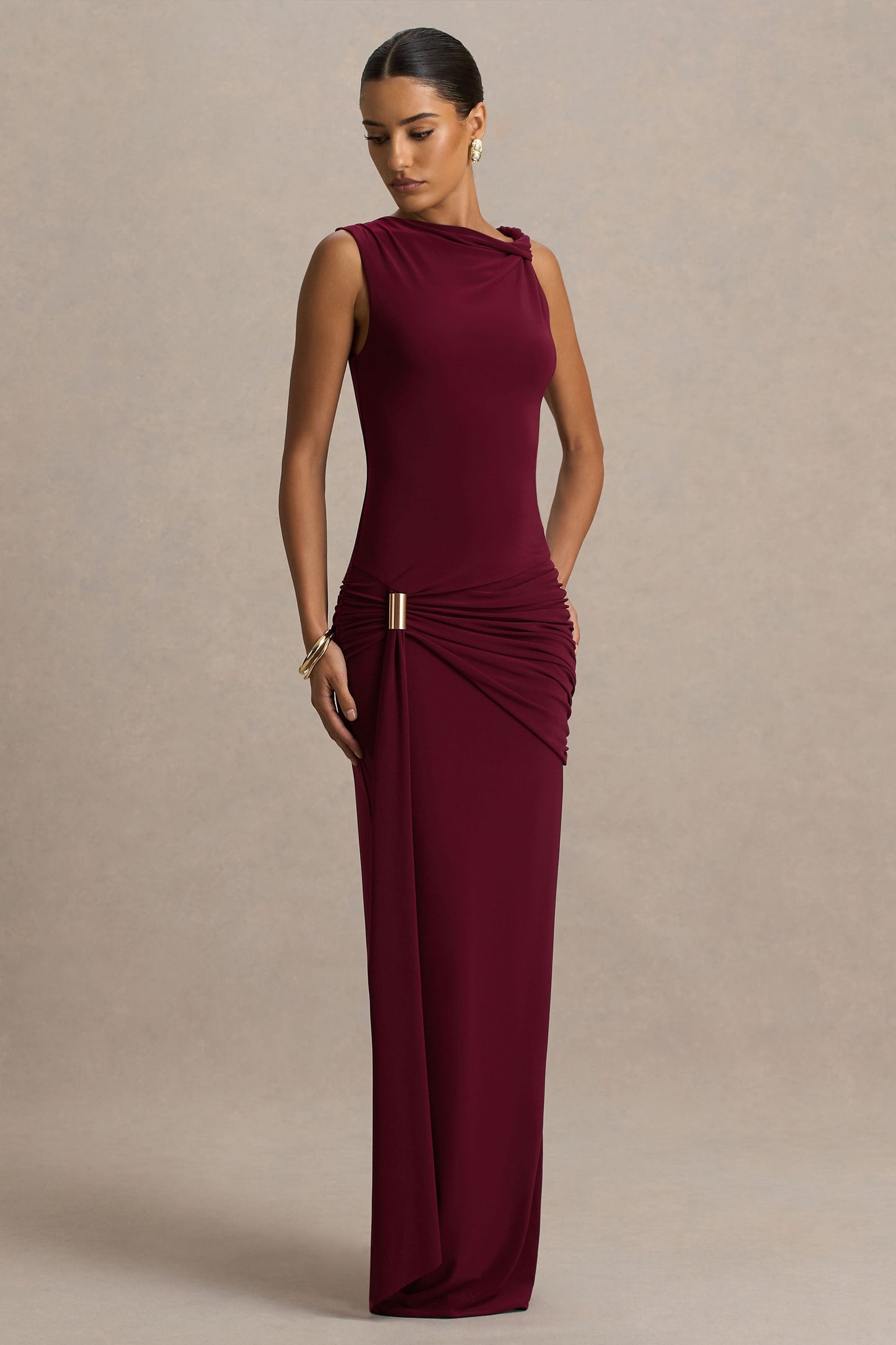 Arabella Burgundy High-Neck Maxi Dress Sleeve 5