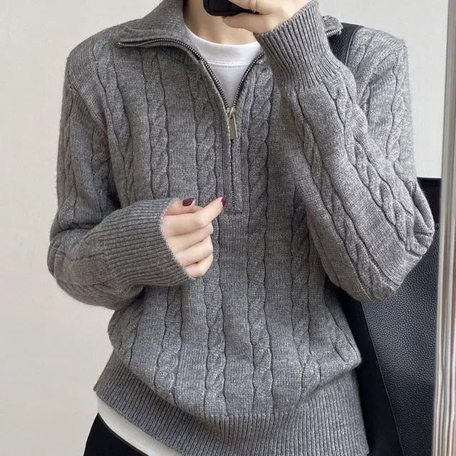 Fiona Half-Zip Cable Knit Cropped Sweater Gray 6