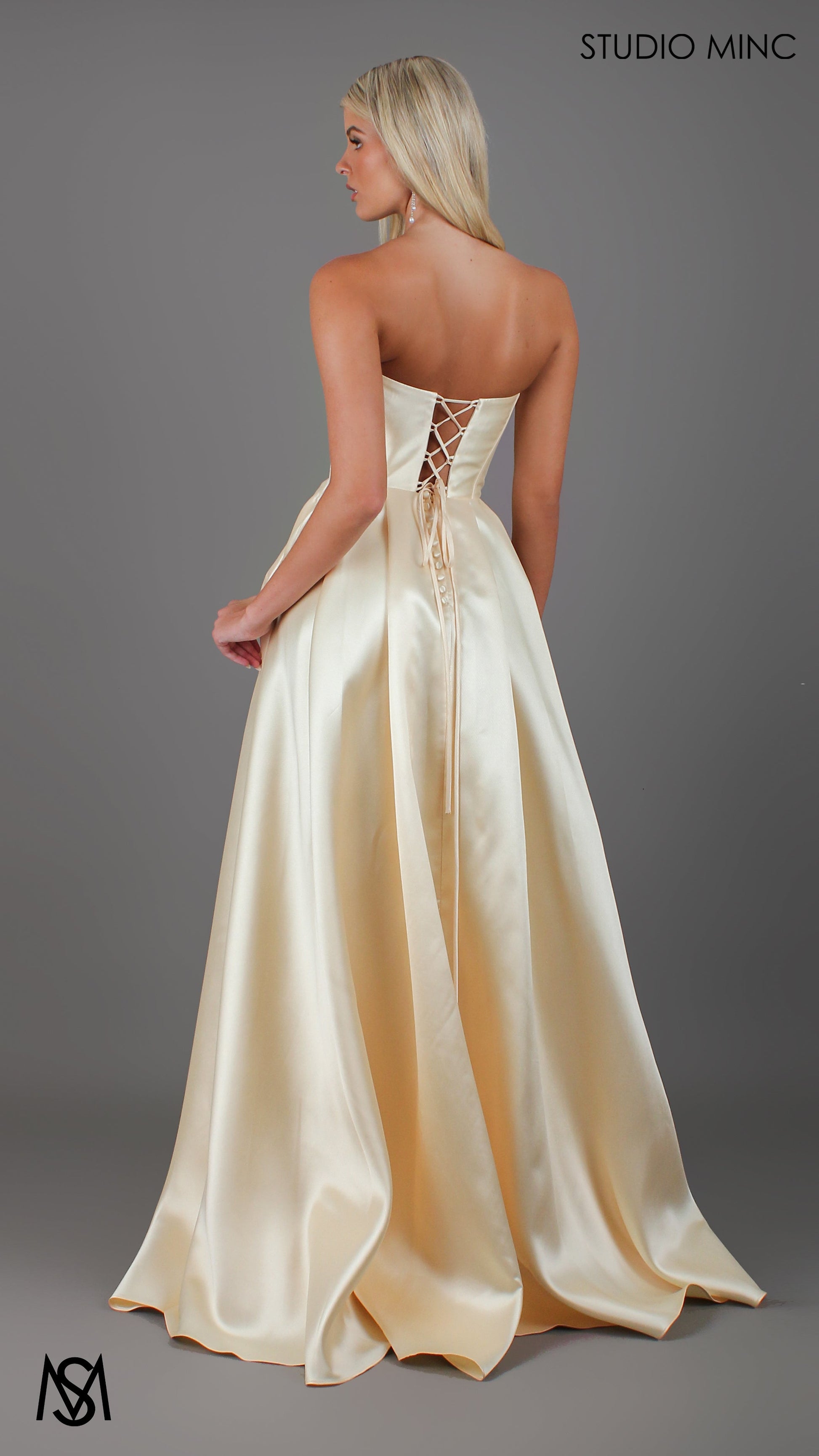 Honey Mikado Ball Gown Light Yellow formal Dress | Strapless corset pearl detail Mikado satin ball gown 2