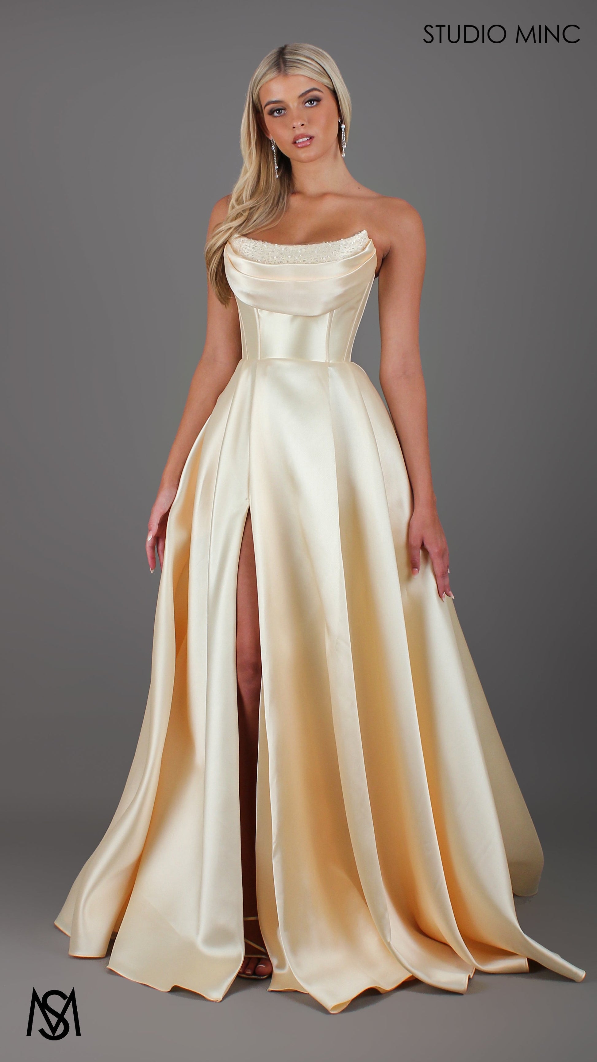 Honey Mikado Ball Gown Light Yellow formal Dress | Strapless corset pearl detail Mikado satin ball gown 3