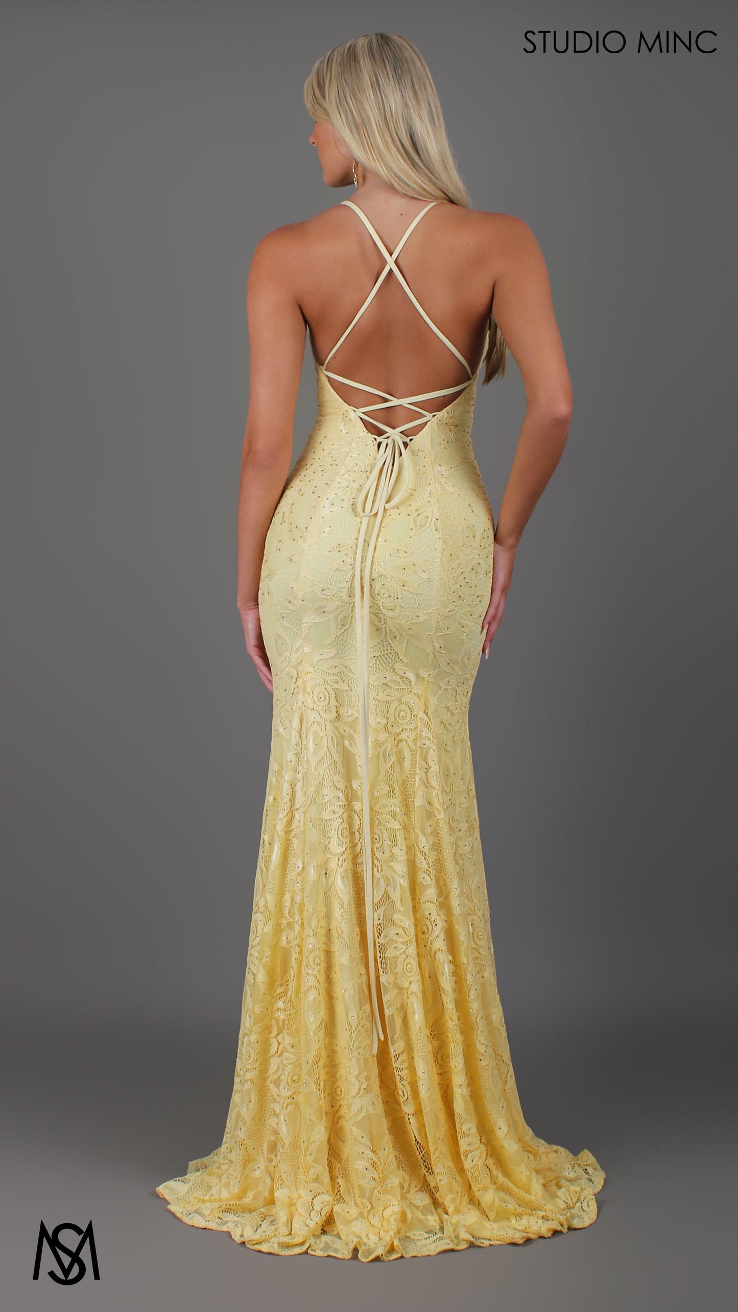 Jasmine Lace Mermaid Dress Light yellow formal dress | lace V neckline fitted mermaid lace up 2