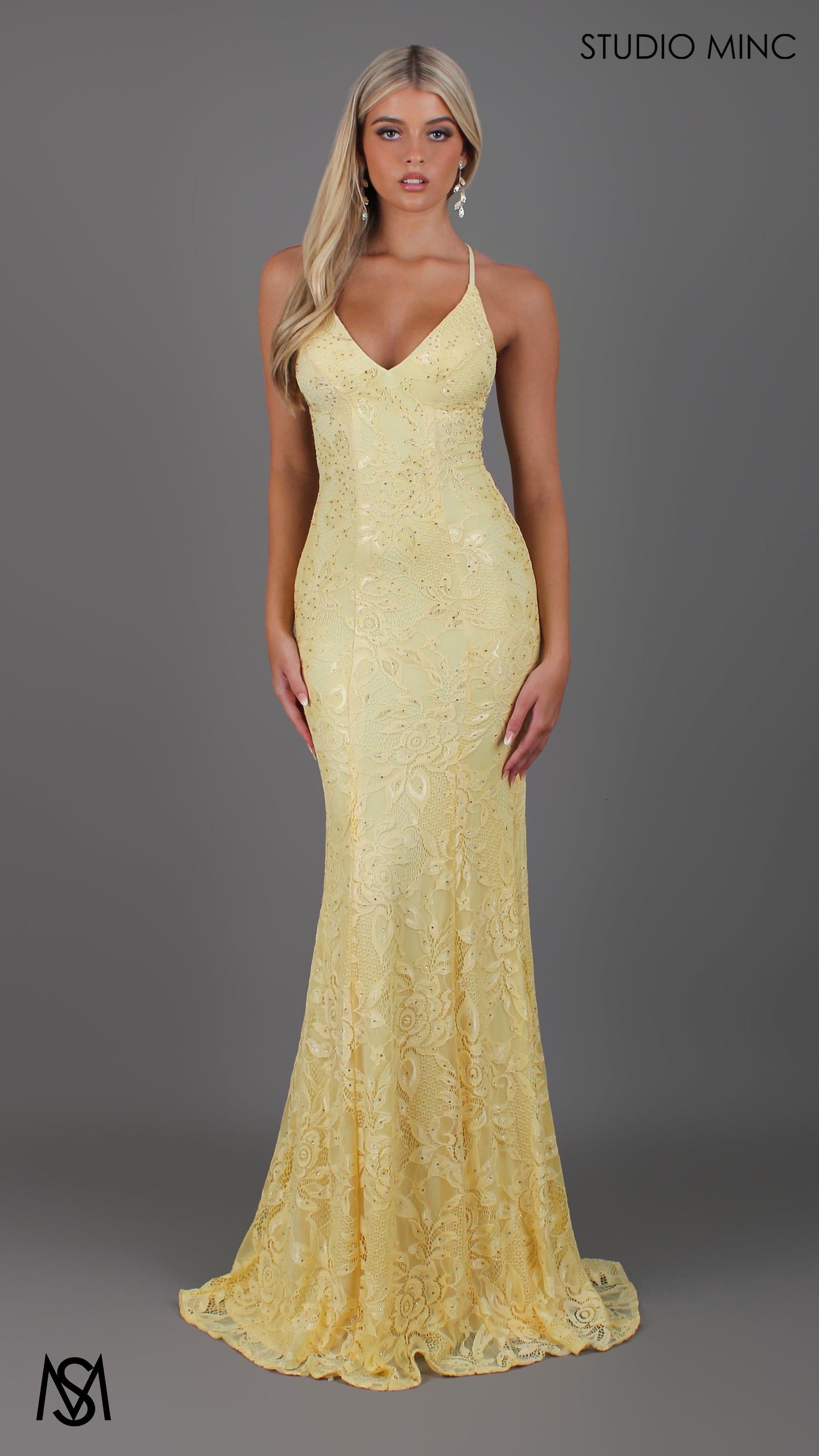 Jasmine Lace Mermaid Dress Light yellow formal dress | lace V neckline fitted mermaid lace up 3